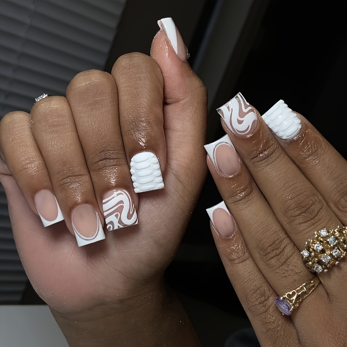 TEMU Look With 48pcs Of Wearable Design, High-end 3d Relief With White Edges, Simple And Versatile Temperament, White Fake Nails, Extended Detachable Nail Remover With Jelly Glue, 1 Nail File