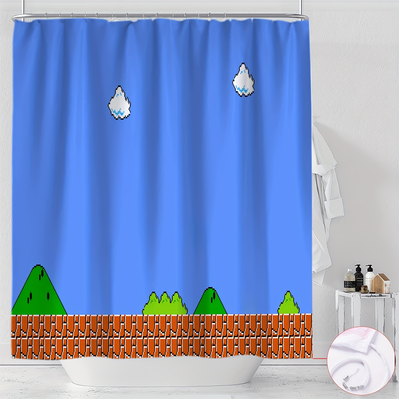 

1pc Pixel Adventure Water-resistant Bath Drape With Hooks, Machine Washable, Knit Weave Polyester Bath Accessory For Home Decor By Ywjhui - All-season Video Game Theme