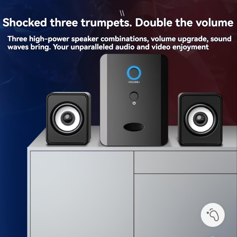 SADA S-201 2.1 Channel USB-Powered Desktop Speakers with Bass Boost, 3.5mm Audio Connection, Volume Control & Blue Accent Light - Compact 2.1 Channel Computer Speakers for Laptop, PC, Gaming, Home Office, Small Speakers for Desk, Gaming Audio, Modern Audio Gear, Durable Audio Gear