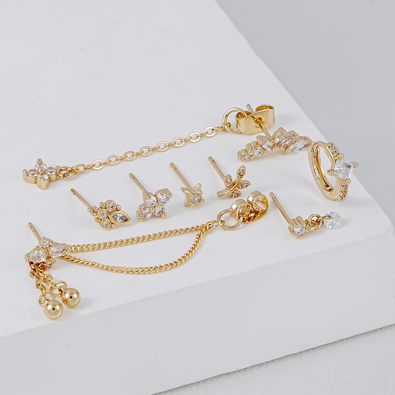 TEMU 8pcs Exquisite Earring Set, Elegant Stud With Tassel Chain, Mini Star Square Water Drop Synthetic Zirconia Studs, Suitable For Women's Vacation,