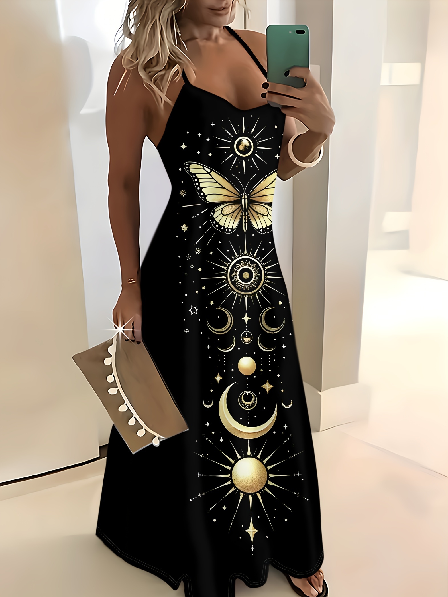 sachin and babi light blue dress elegant celestial v-neck spaghetti strap midi dress - polyester blend with  elastane, star and moon all , spring/summer/fall, knit fabric, applique  detail, fitted dress for women - women's clothing