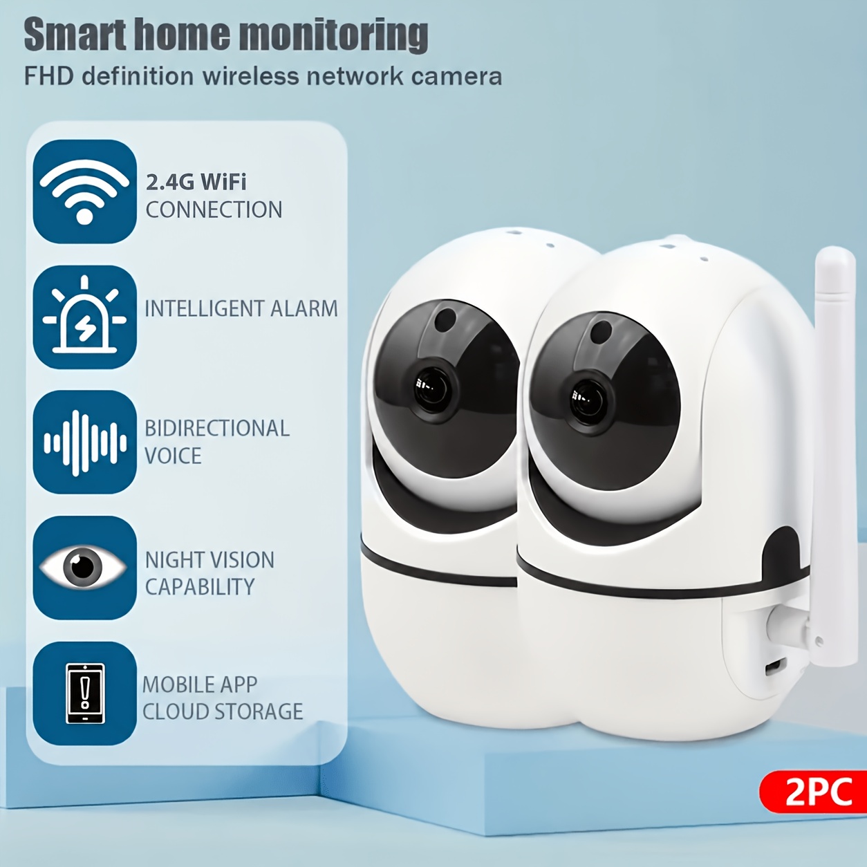 TEMU 2pcs 1080p Full Hd Wi-fi Smart Surveillance Cameras, Night Imaging, Audio, Motion Detection, With Pan-tilt Functionality, Wireless Network