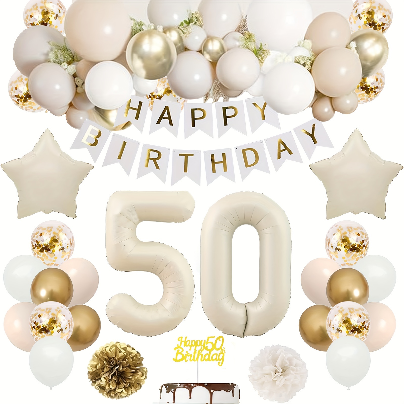 Image of Decorations For A 50th Birthday Celebration For Men And Women, Including 50th Birthday Balloons, 32-inch Foil Balloons, A Happy Birthday Banner In Cream, Golden, And White, And Pom Poms For The Party