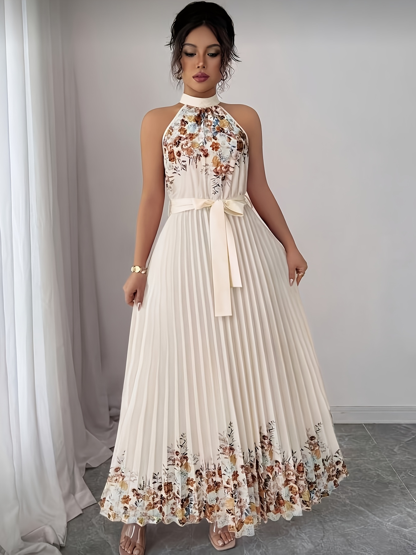 slim fit dress slacks Two Tone Pleated Flare Maxi Dress main image 0