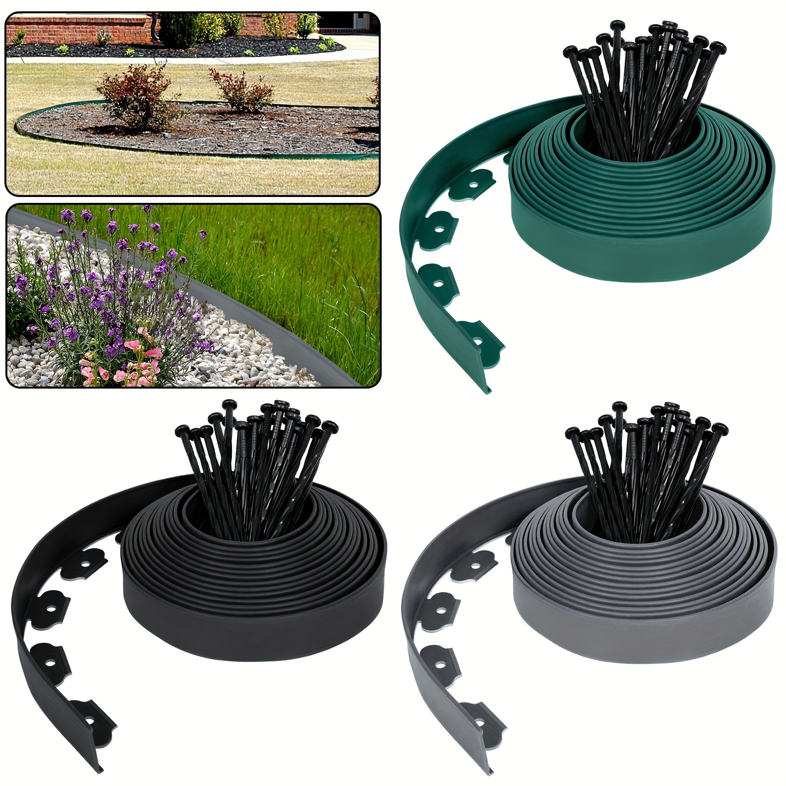 

Fivmen Plastic Lawn Edging 10 M - Flexible Lawn Edging With 30 Ground Anchors, Plastic Flower Bed Edging, Garden Fence, Flower Bed Border, Lawn Border, Garden Decorative, Black/green/grey