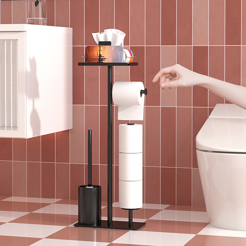 Freestanding Toilet Paper Holder Stand – Wooden Base With Storage, Rustproof, Holds 4 Rolls