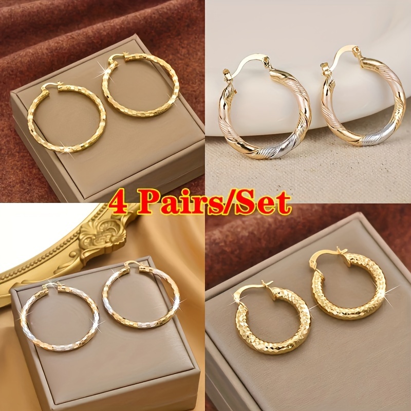 

4pairs Fashion And Retro Golden Hoop Copper Earrings, Combine Well With Any Outfit