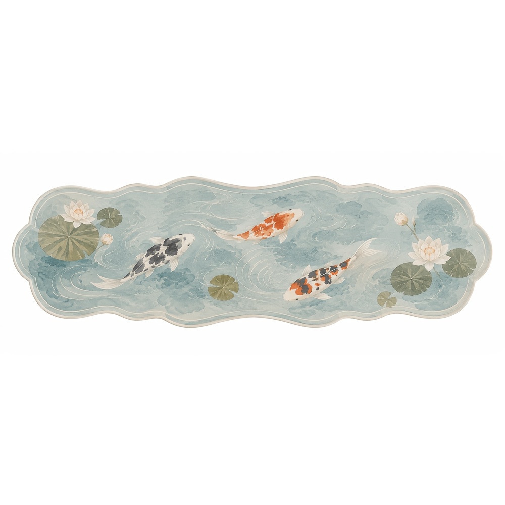 TEMU 1pc Aqua Koi Pond Scalloped Runner Rug, Soft Washable 800g/mÂ² Faux Cashmere Floor Mat, 2d Flat Print Blue Pattern Accent Carpet For Hallway,