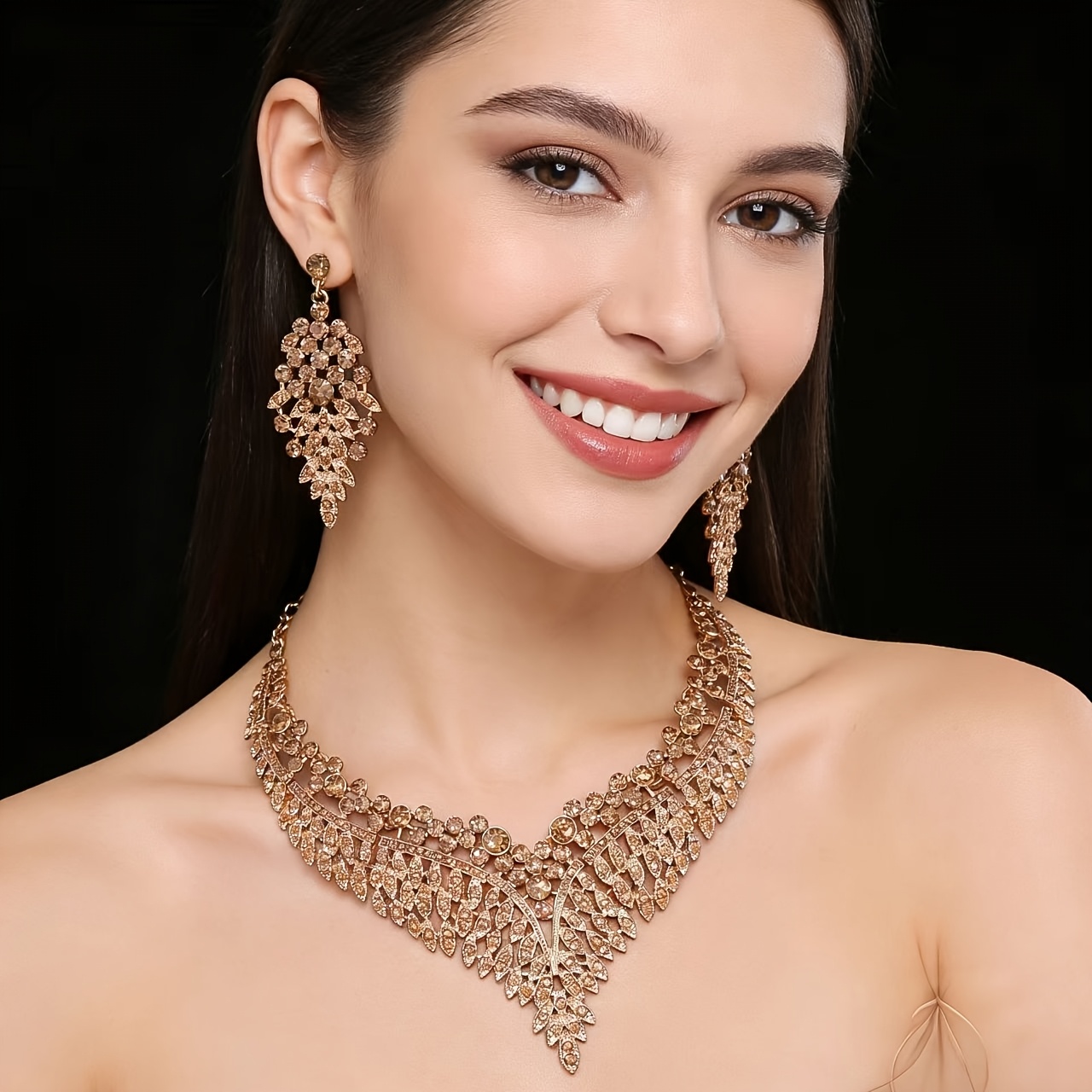 TEMU Parure de mariée 2 pièces collier et boucles d'oreilles en strass couleur champagne, bijoux de mariage, accessoires de mariée, parure de collier