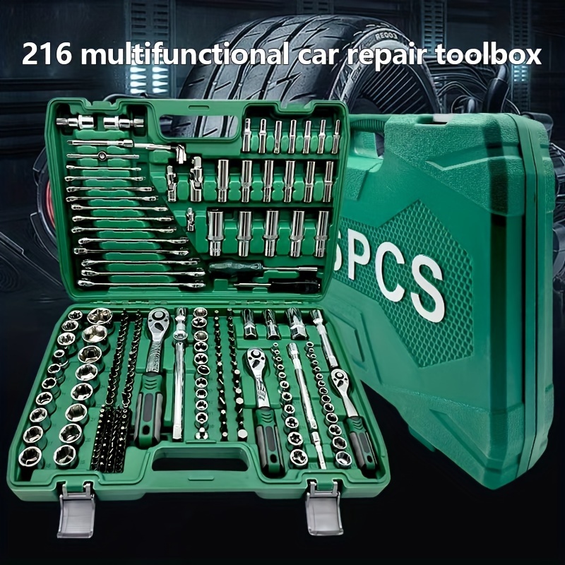 

216-piece Mechanic's Tool Set With Socket And Ratchet Wrench Kit - Chrome Vanadium Steel, Green, Includes 1/4", 3/8", 1/2" Drive & Standard Sockets, , Accessories & Storage Case For Auto Repair