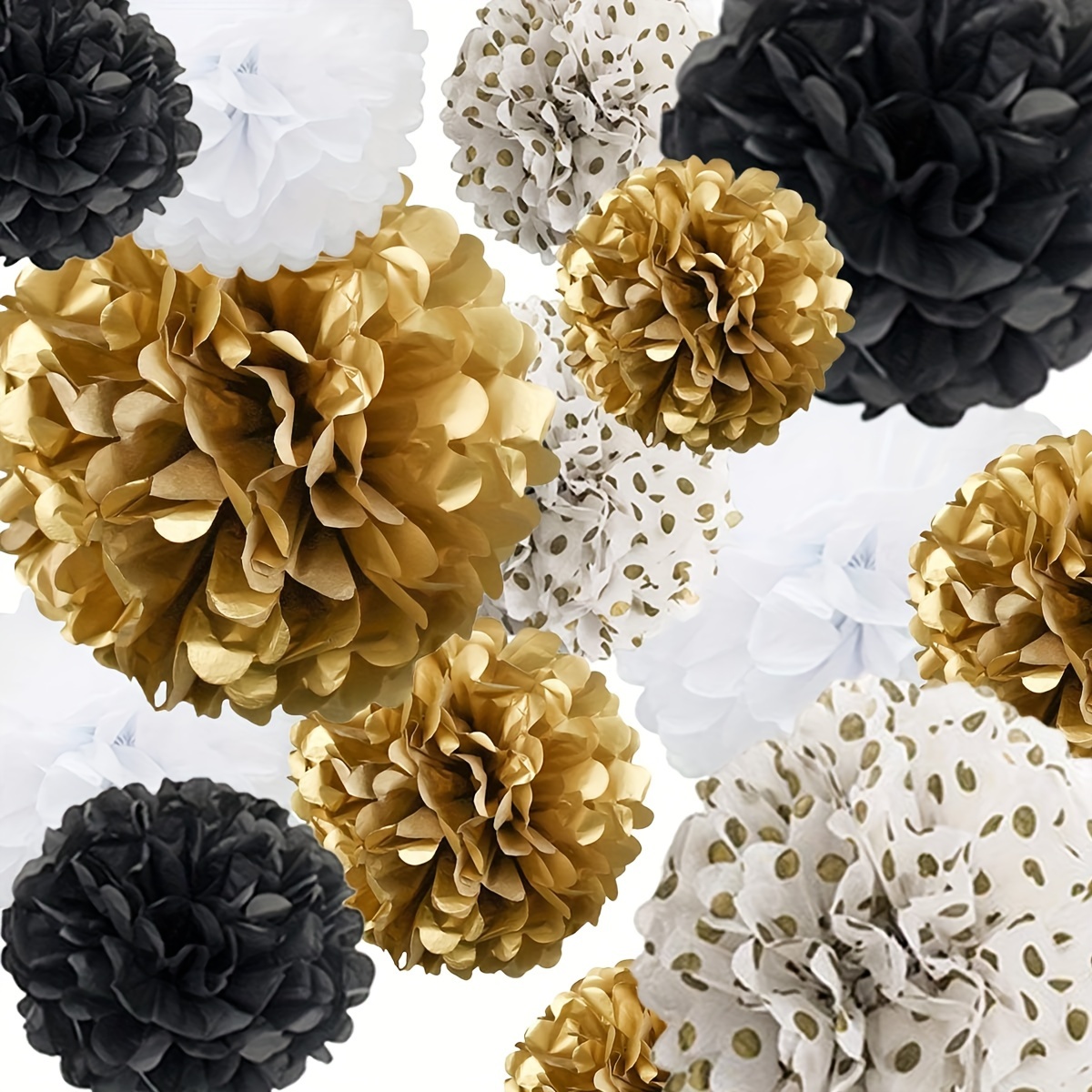 

Black Golden Tissue Pom Pom Paper Flower Set Of 16, Birthday Graduation Bachelorette Wedding Bridal Party Decoration