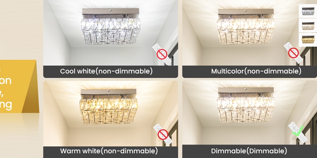 FRIXCHUR Dimmable Square Crystal Chandelier Ceiling Light - 9.8" Flush Mount LED With Remote