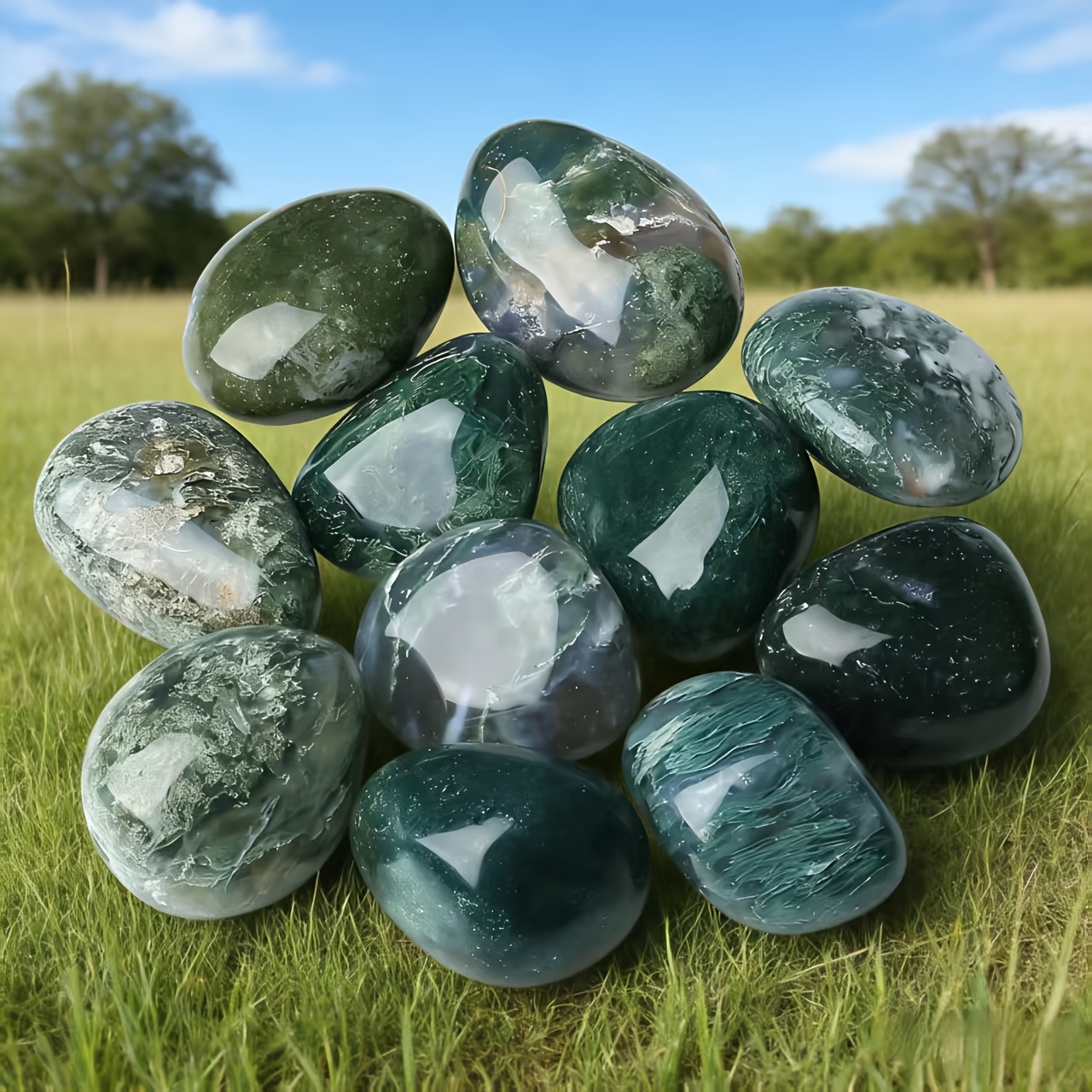 Natural Moss Agate Tumbled Stones, Large Polished Pocket Stones