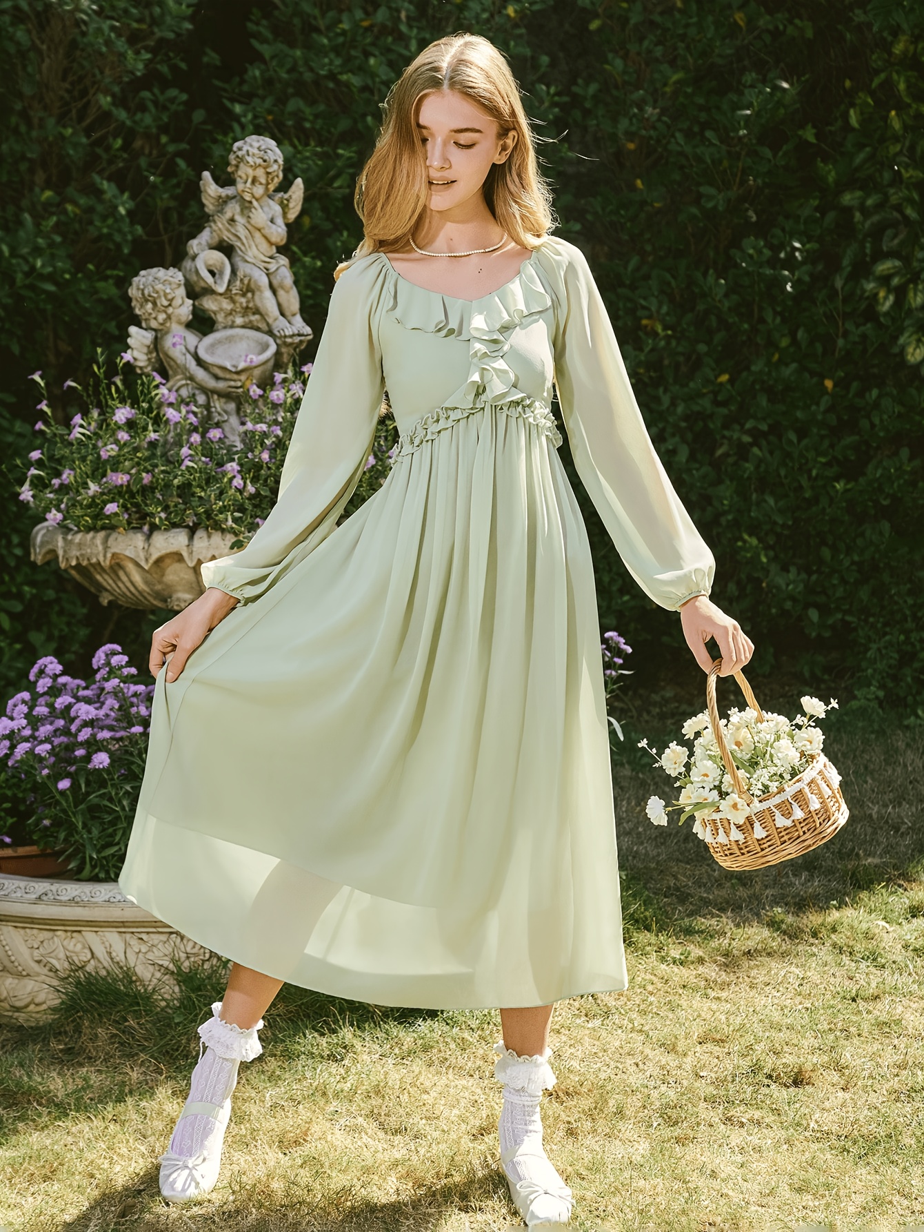 i want a green dress in french teen spring summer style long girls waist luxury evening dress 2025