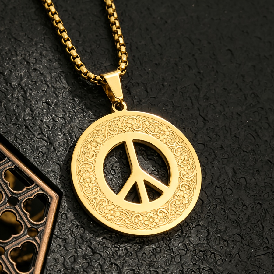 TEMU Peace Symbol Hollow-out Floral Carved Border Round Pendant Stainless Steel Necklace, Available In Golden And Silvery, Long-wearing And