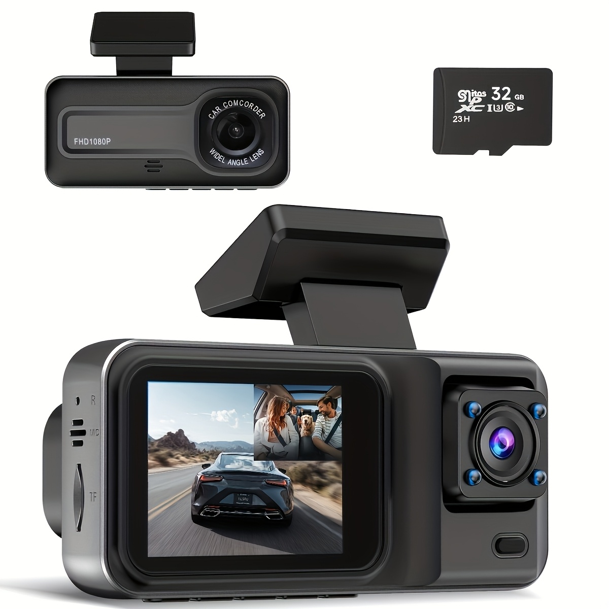 Dual Lens Driving Recorder, Front 1080p High-definition, Rear 720p, Night Vision Function, , Loop Recording, Parking Monitoring, Motion Detection, A 32gb Card Option
