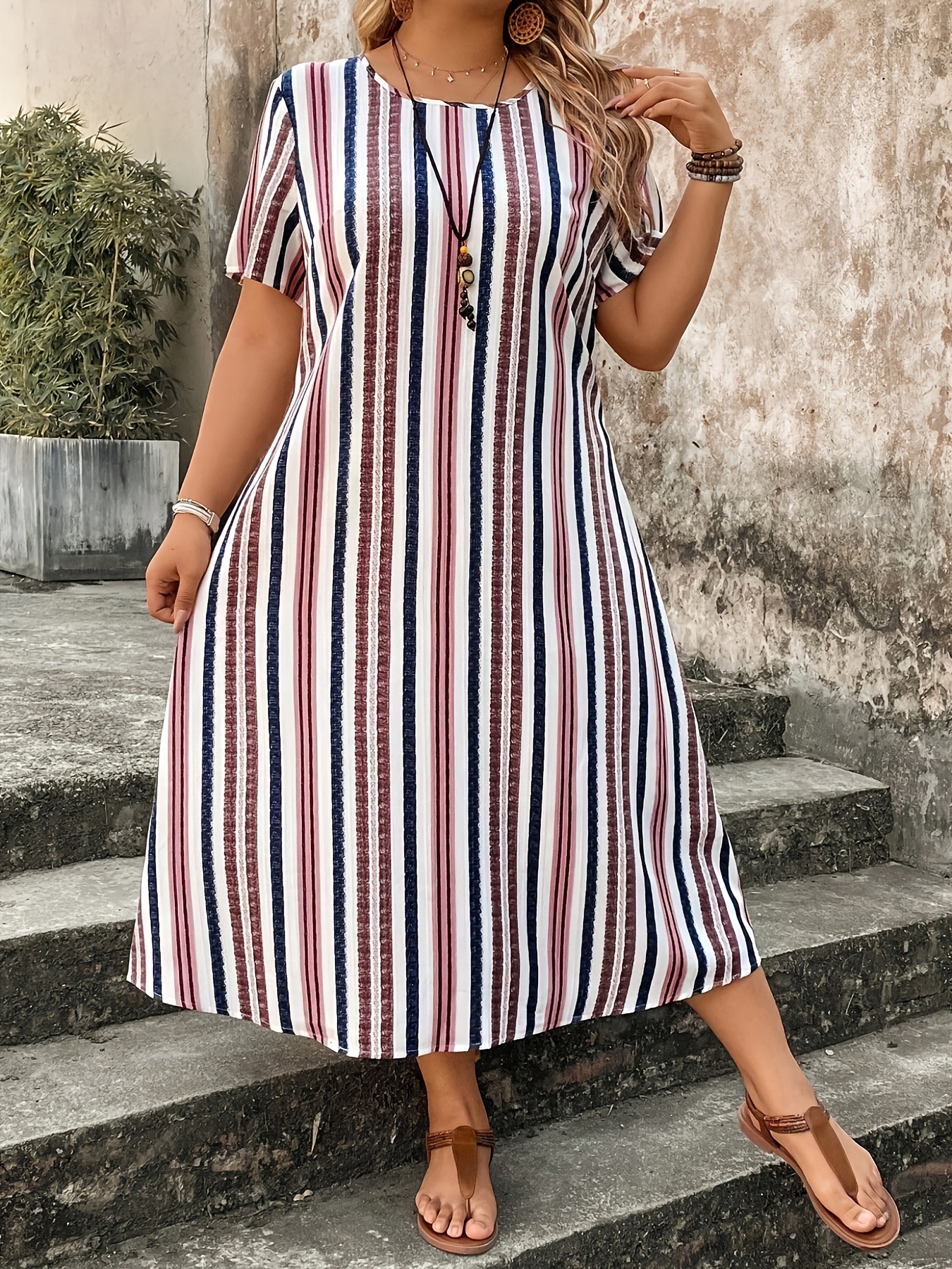 womens plus size casual summer dress color block striped - Temu United Arab  Emirates