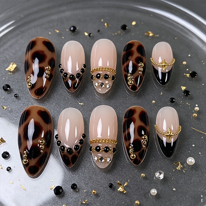 TEMU 10pcs Handmade Almond Press-on Nails, Sheer Nude Base, Solid Black And Brown Leopard Smudge French With Chains, , Thin Metal Chains, Silvery
