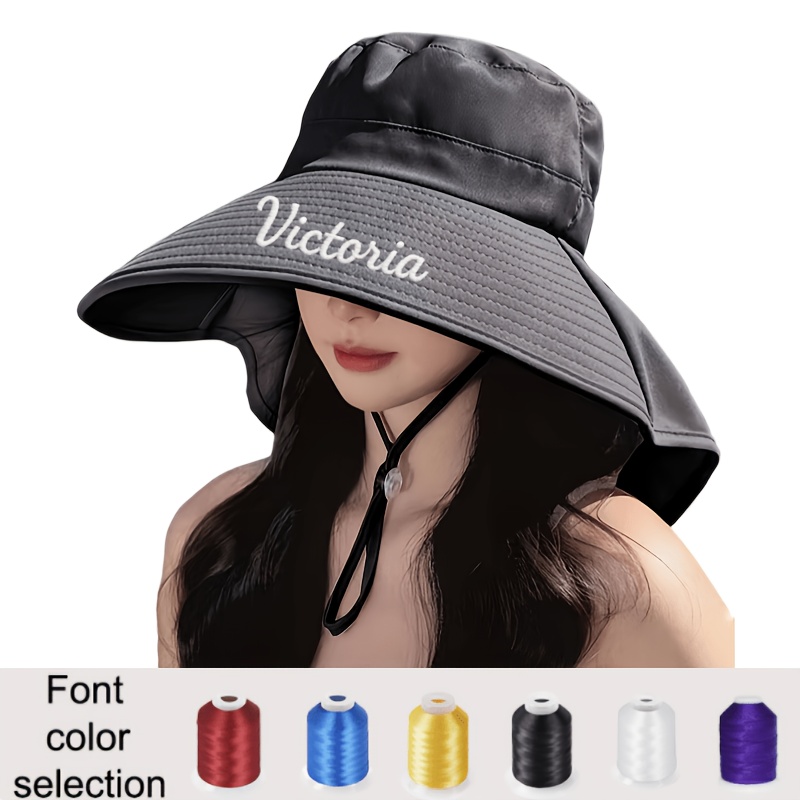 TEMU Custom Embroidered Personalized Name Sun Hat - Women's Fashion Sunshade Bucket Hat With Ponytail Hole, Breathable Polyester Fiber, Adjustable