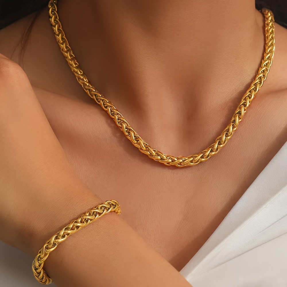 

2pcs (necklace+bracelet) Hip Hop Couple Stainless Woven Chain Business Casual Party Set