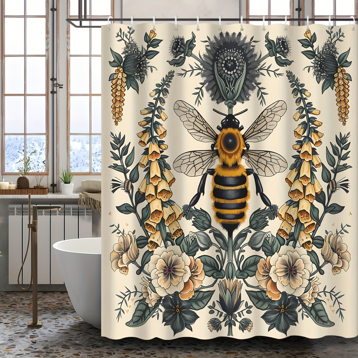 

1pc Vintage Bee And Floral Print Shower Curtain, Waterproof Fabric Shower Curtain, Bath Tub Decoration Curtain, Bathroom Partition, Bathroom Decoration, Bathroom Accessories