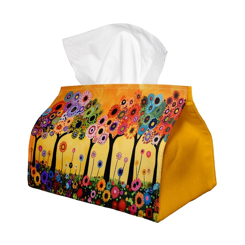 TEMU 1pc Tissue Box Holder With Colorful Flowers Design-modern Abstract & Bright Tones,durable Polyester,ideal For Kitchen,living
