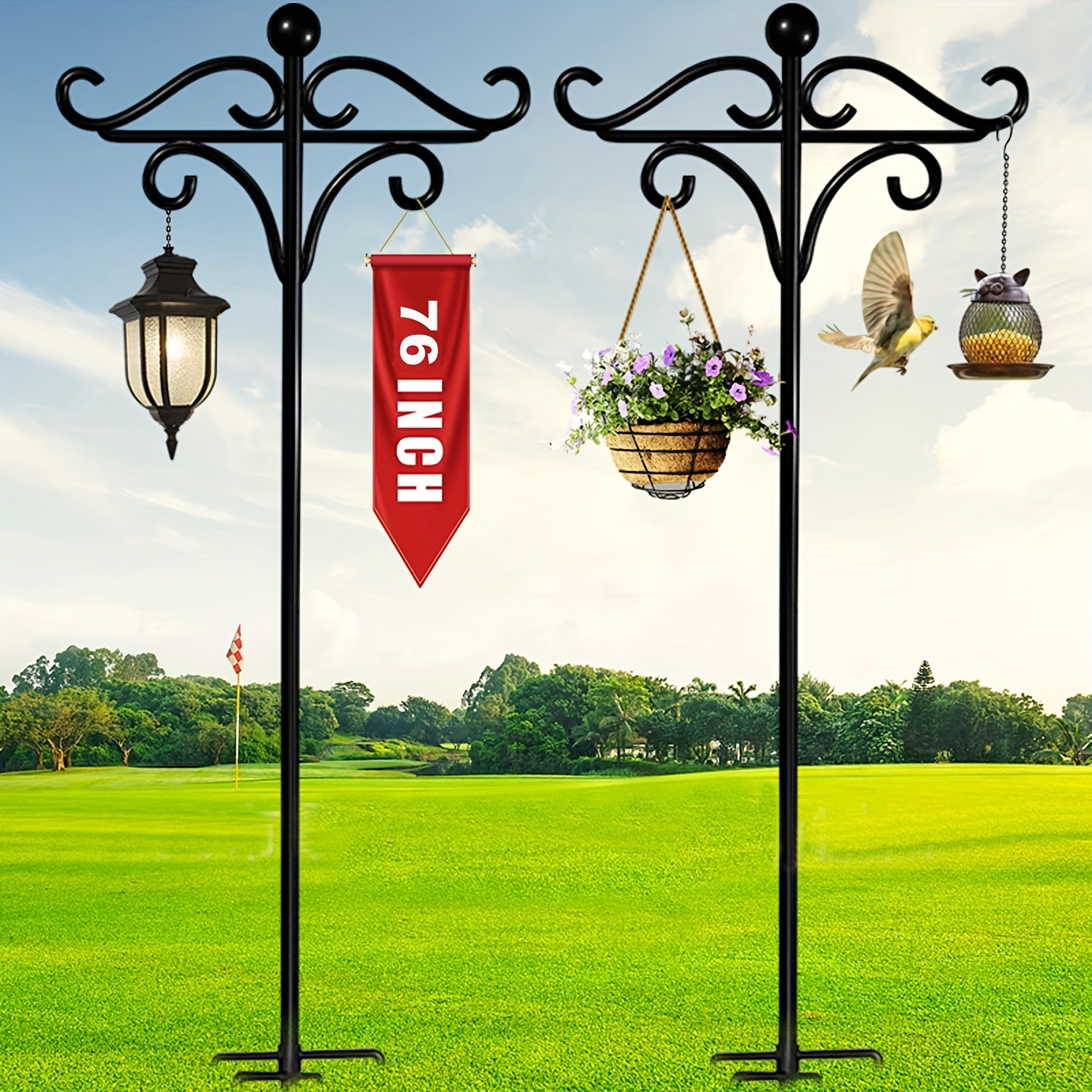 TEMU 2pcs Heavy-duty Adjustable 76-inch Tall Bird Feeder Poles With 5-prong Free-standing Base & Double Hooks - Sturdy Metal Garden Feeding Station