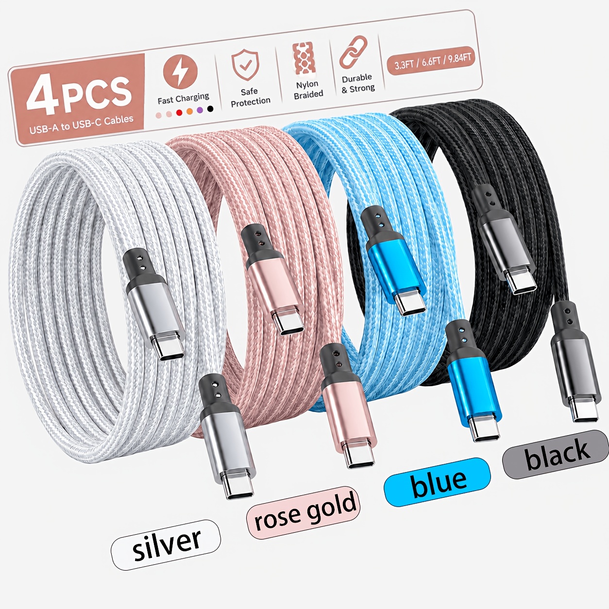 Artikelbild 4er-set elegante farblich abgestimmte usb-c-zu-usb-c-schnellladekabel, geflochten aus nylon, 60w pd typ-c-ladekabel, langlebiges ladekabel kompatibel mit iphone 15, 16, 17, macbook, galaxy, google pixel, ipad,   für das   im auto