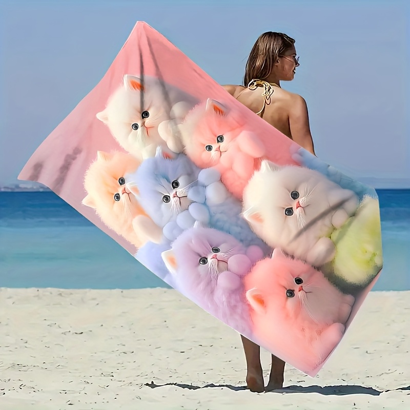 Dreamy Colorful Cat Print Beach Towel Super Absorbent Quick Drying_voghion.com