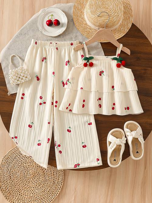 2-delige meisjes lange broek set, cami top met fruitprint en rechte lange broek, geschikt voor dagelijkse uitjes, vakantie, casual kleding, lente/zomer , voor buiten.