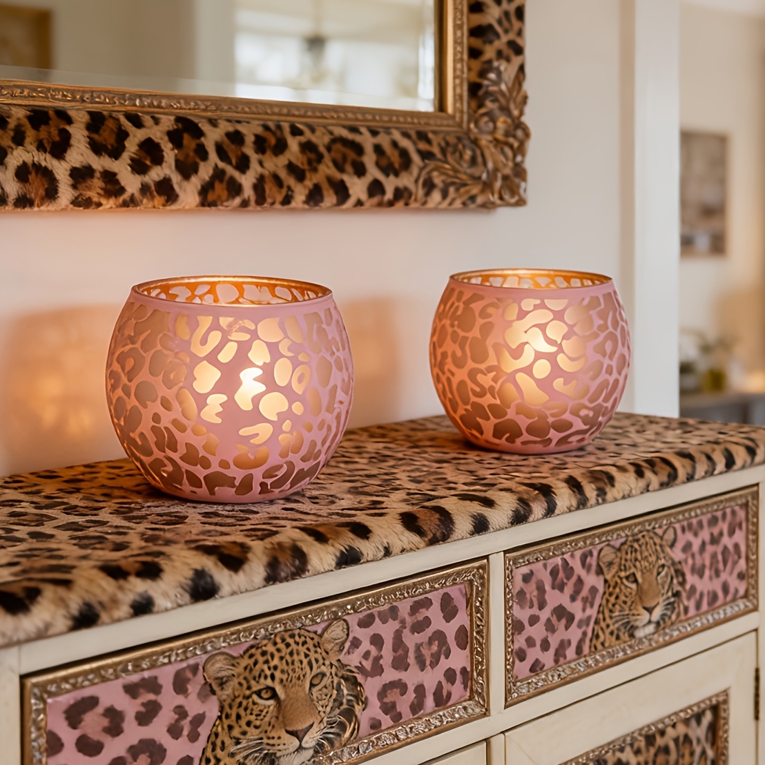 Image of 2pcs Leopard Votive Candle Holders, Vintage For Desktop, Candle Holder, Wedding Table Centerpiece, Bachelorette Party Decor, Perfect Gift For Birthday, Christmas, Halloween