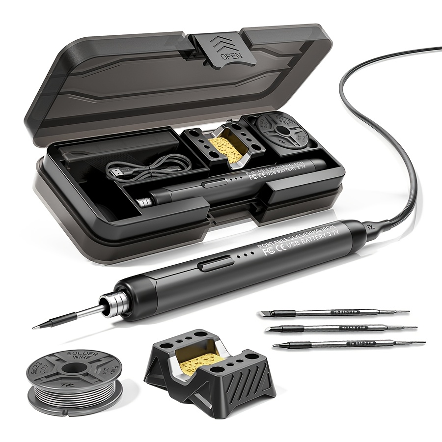TEMU 1pc Usb Or Battery Dual-use Soldering, With 3pcs Heating Cores, Solder Wire, Storage Box, Stand, Tool Box, Very Suitable For Pc Phone Repair
