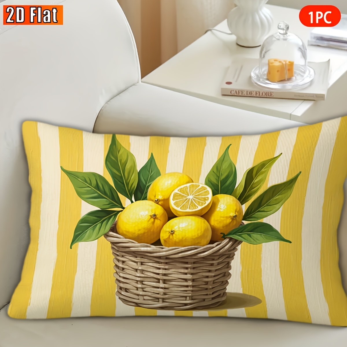 TEMU 2d Flat, 1pc Double-sided Printed Lumbar Pillow Cover, 12*20 Inches / 30*50 Cm Lemon Basket, Pattern Short Plush Pillowcase, Soft And