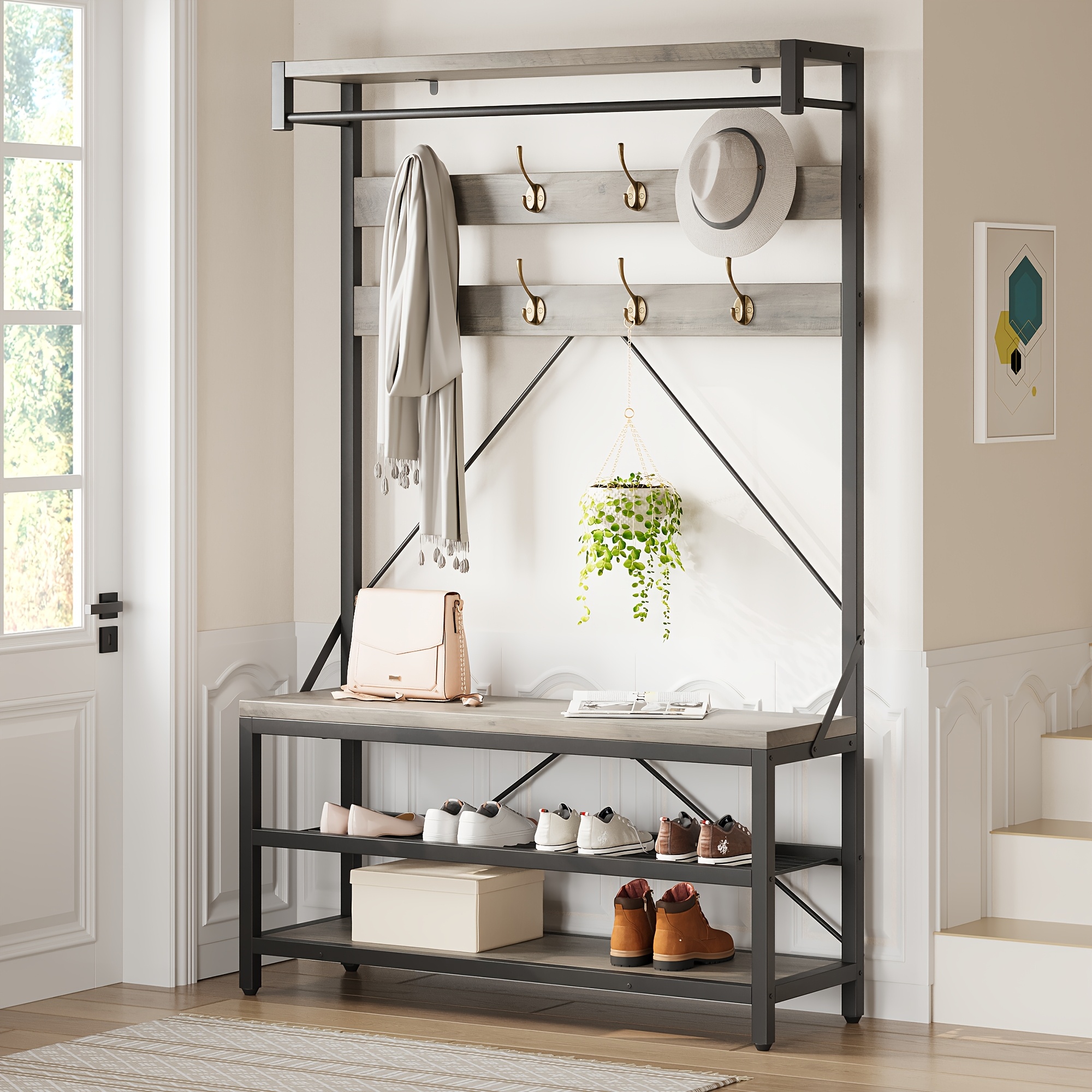 Image of Coat Rack, Hall Tree, Shoe Bench, Shoe Rack For Entryway, 3 Storage Shelves, 8 Hooks Removable, Industrial Accent Furniture With , Multifunctional Hallway Organizer, Large