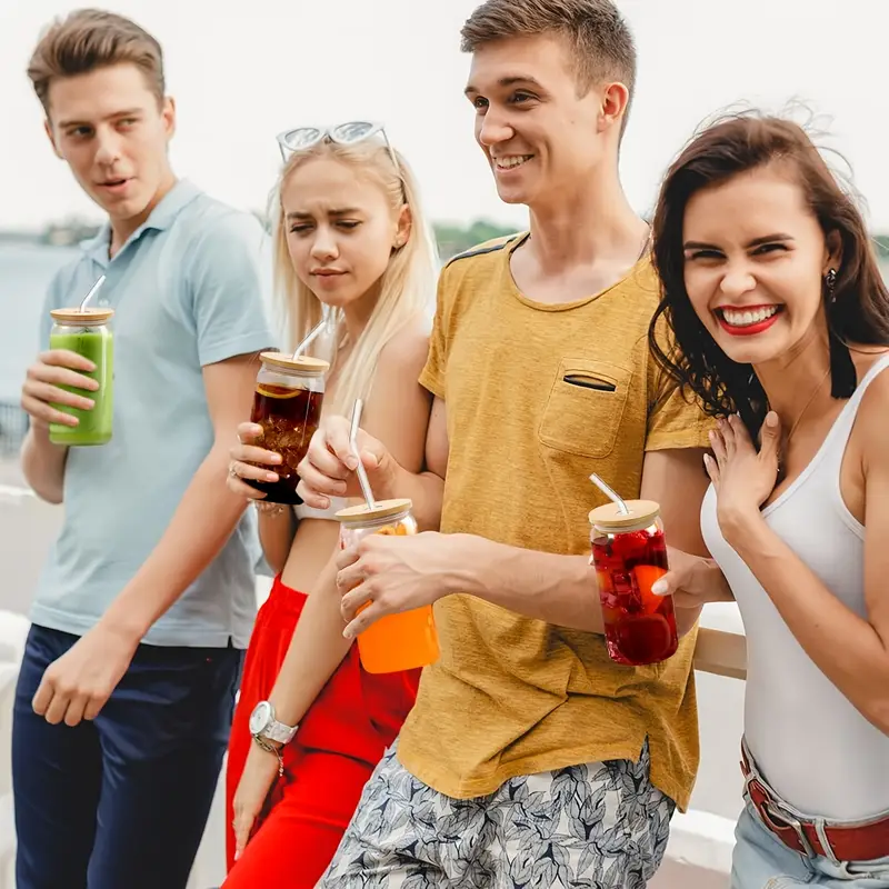 6pcs drinking glasses with bamboo lids and glass straw 16 oz can shaped glass cups for beer ice tumbler cup great for soda boba tea cocktail 2 cleaning brushes Product details 6