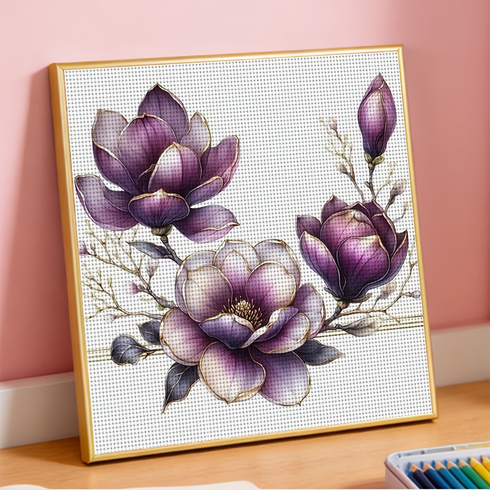 Cross-Stitch Printed Kit, Original Design, "Purple Magnolia Floral Illustration"