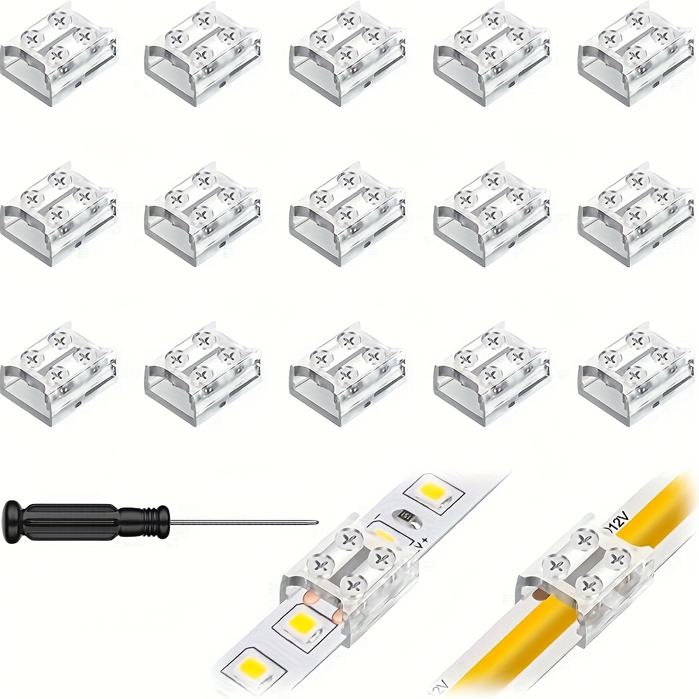 Image of 15pcs Of 2-pin 10mm Led Strip Connectors, Transparent, Seamless, Solderless, With Screwdriver, Suitable For Cob/smd Monochrome Led Strips