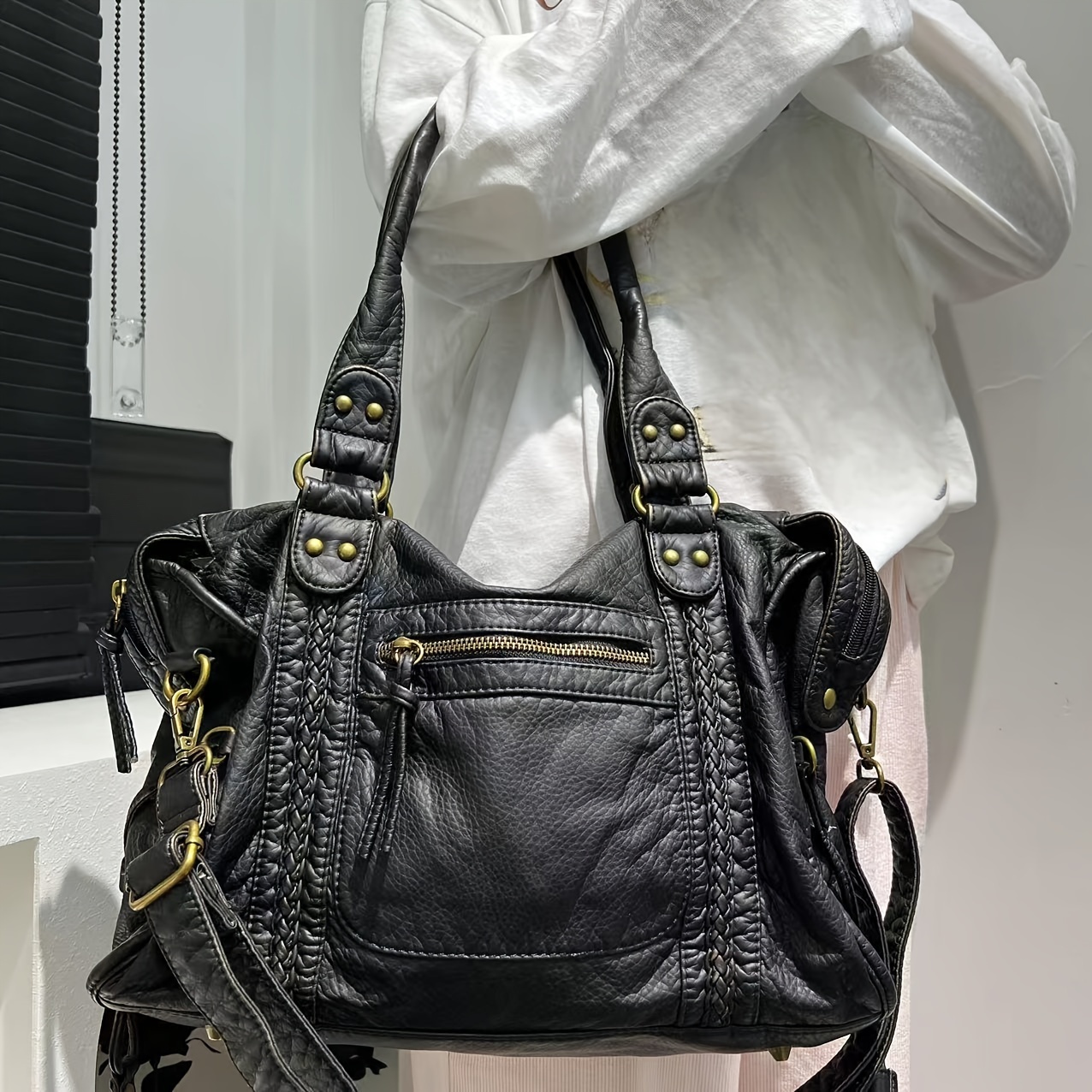 womens y2k vintage synthetic leather tote bag multi pocket - Temu