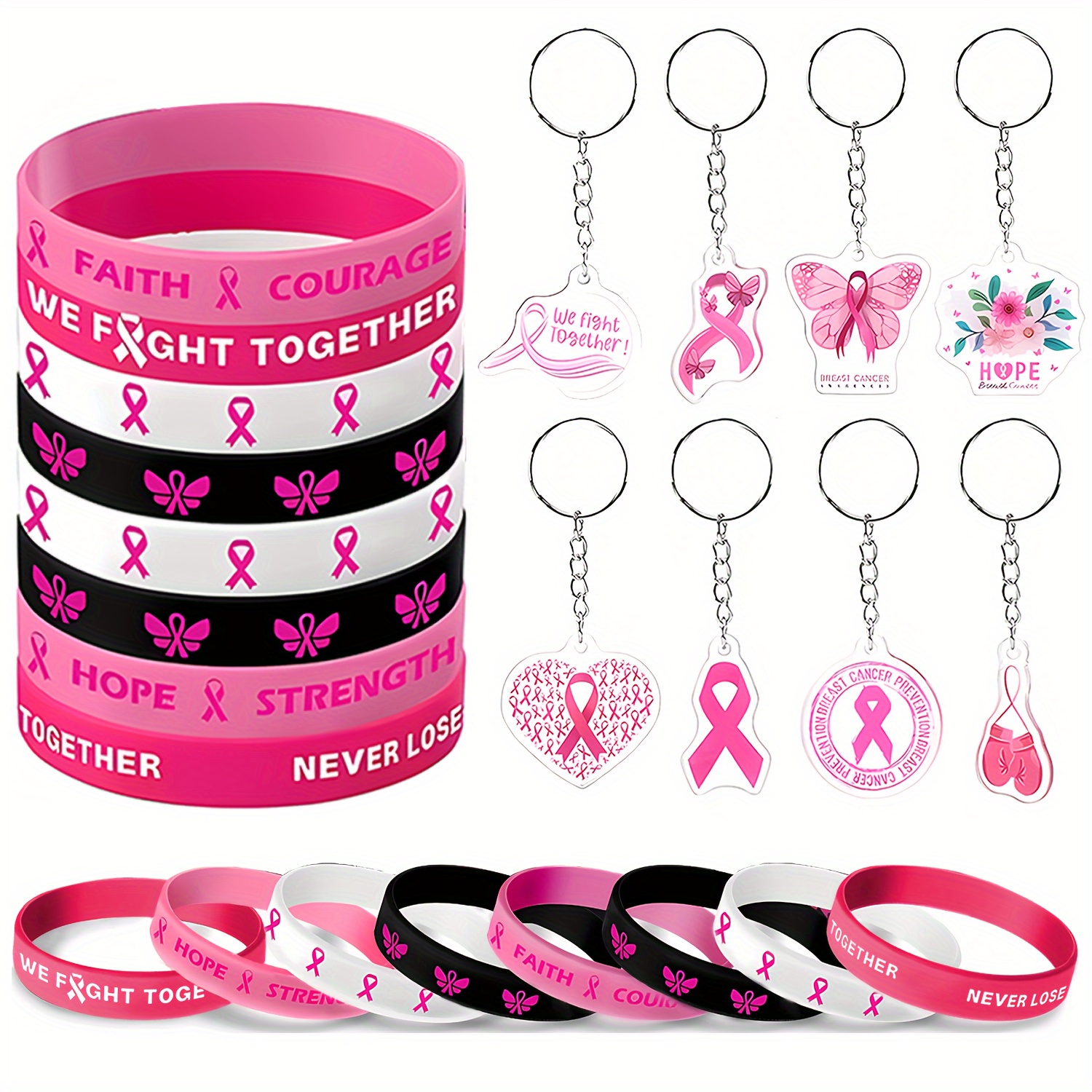 

16pcs, Breast Cancer Awareness Gift Party Favor Set 8pcs Breast Cancer Wristband 8pcs Keychain Party Favor Supplies