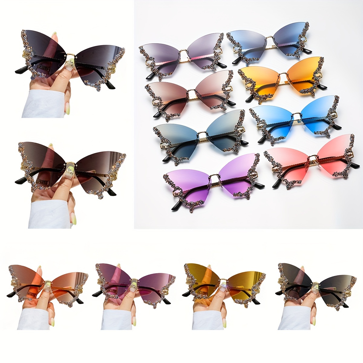 

Rimless Butterfly Glasses For Women, Bling Rhinestone, Gradient Decorative Shades, Lightweight Silicone Nose Rest, Curved Leg Design, Costume Party Prom Fashion Accessories