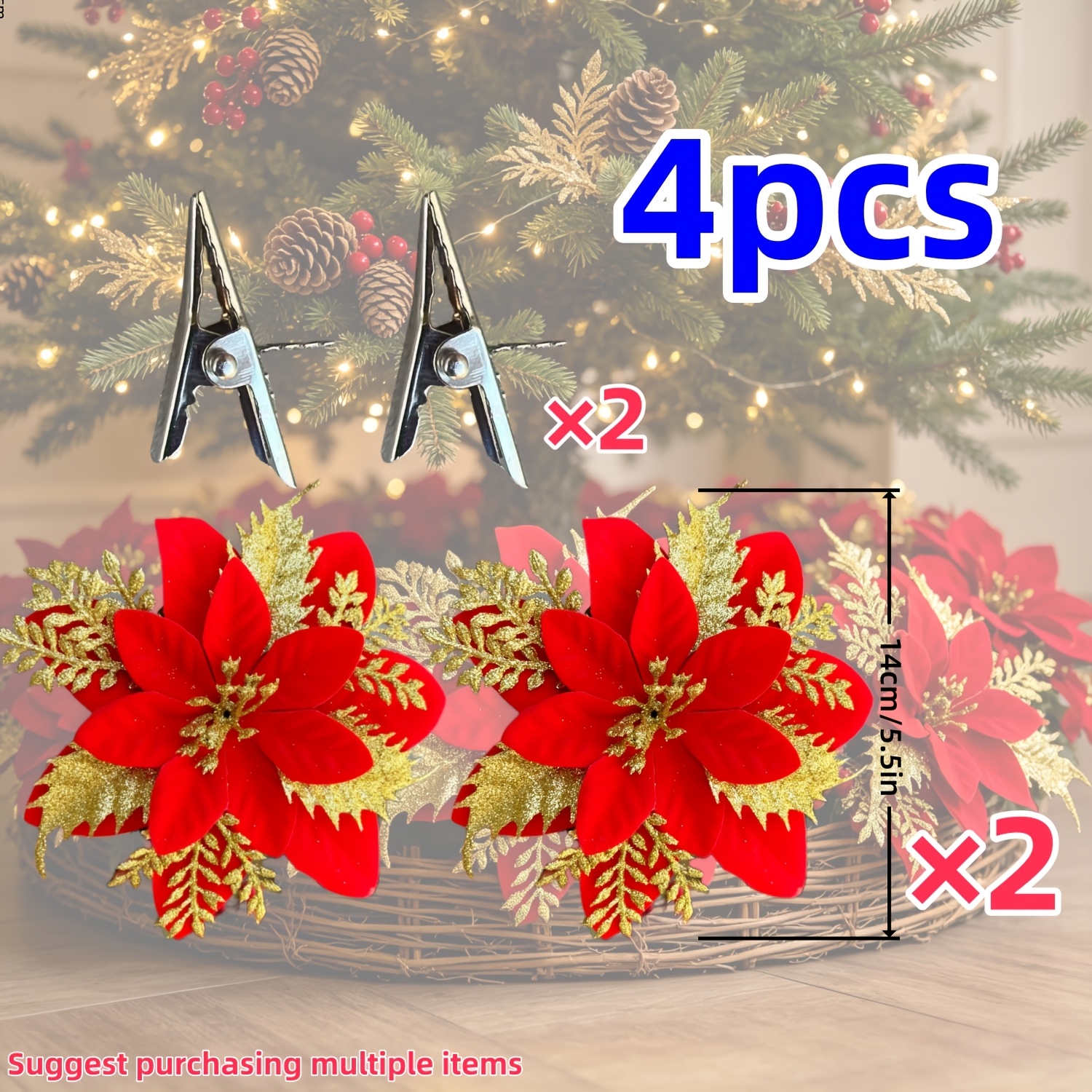 TEMU Christmas Decorations - 2 Red And Golden Poinsettias + 2 Mounting Clips - Christmas - Wreath Decor - Wreath Diy - Christmas Wreath - Poinsettia
