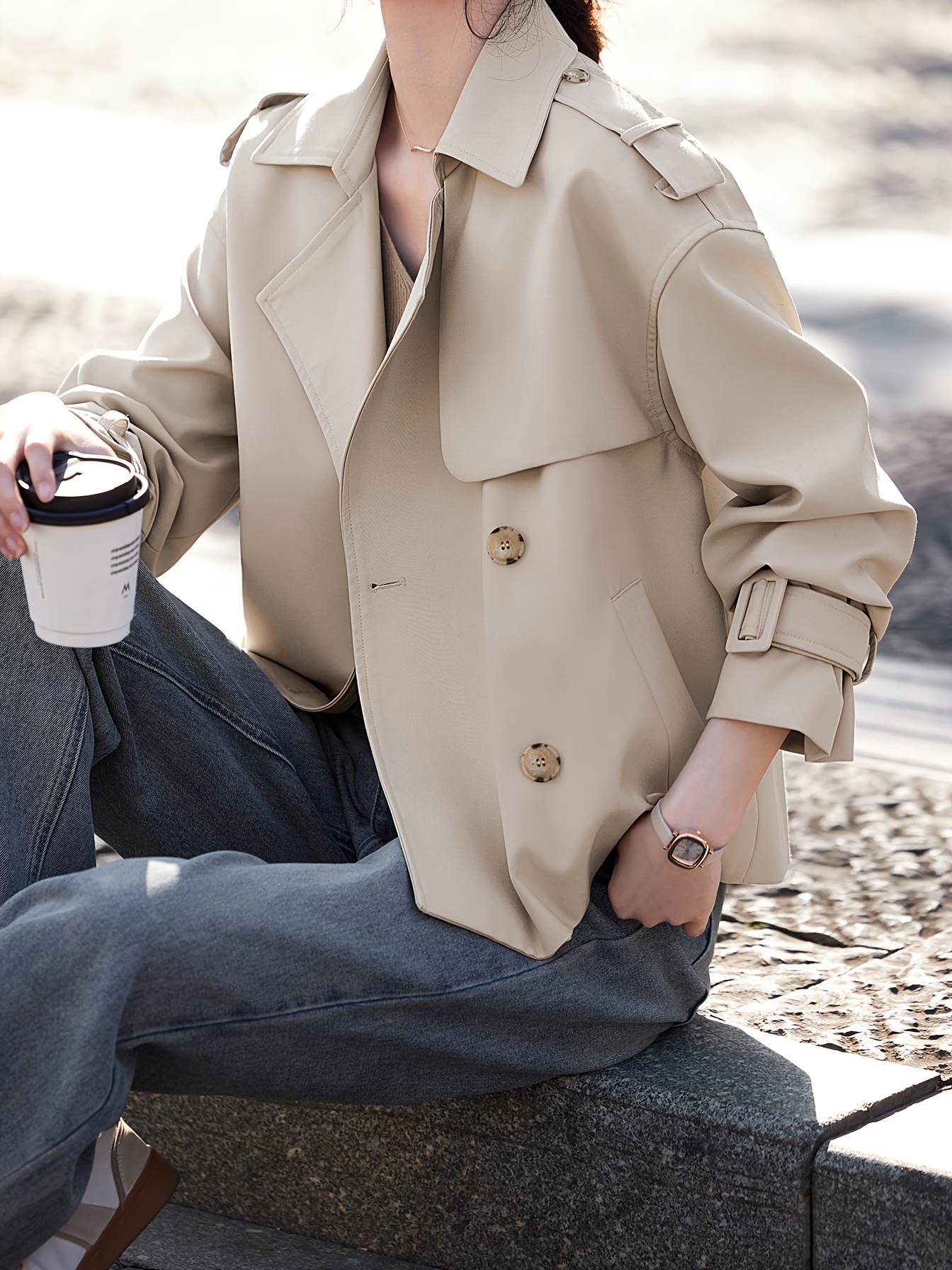 xwi womens fit short trench coat versatile beige Temu United Kingdom