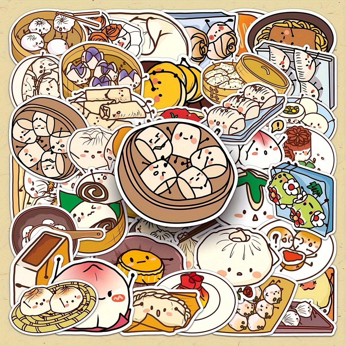 

50-pack Cute Cartoon Chinese Cuisine Stickers, Waterproof Glossy Paper Decals For Notebooks, Skateboards, And Refrigerators, Trendy Food-themed Single-use Decorations