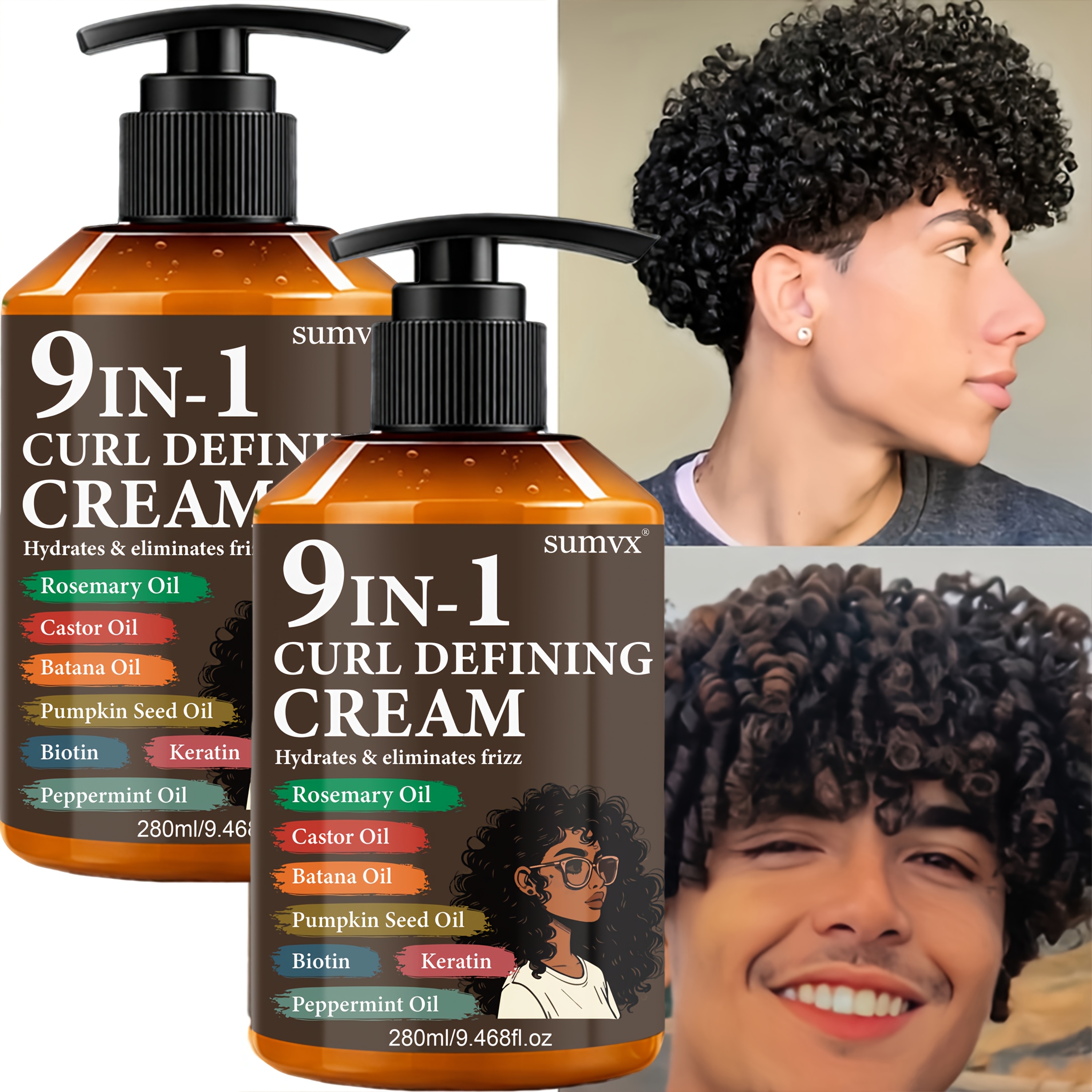 Image of 2pcs, 9-in-1 Long-lasting Hold And Cream, 280ml, Strengthens Hair - Contains Moroccan Argan Oil, Castor Oil, And Battana Oil - Curls Moisturised And Bouncy - Suitable For Dry And Curly Hair - Unisex