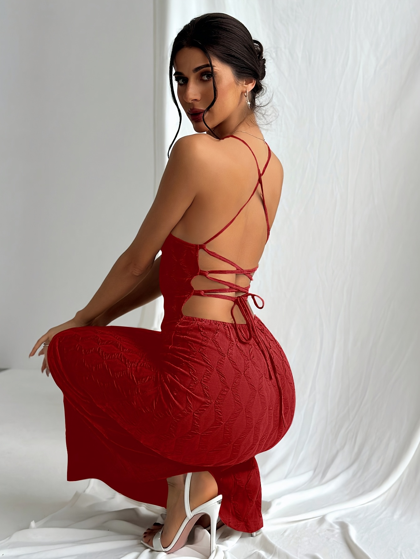elegant red sleeveless maxi dress women textured polyester - Temu Ireland