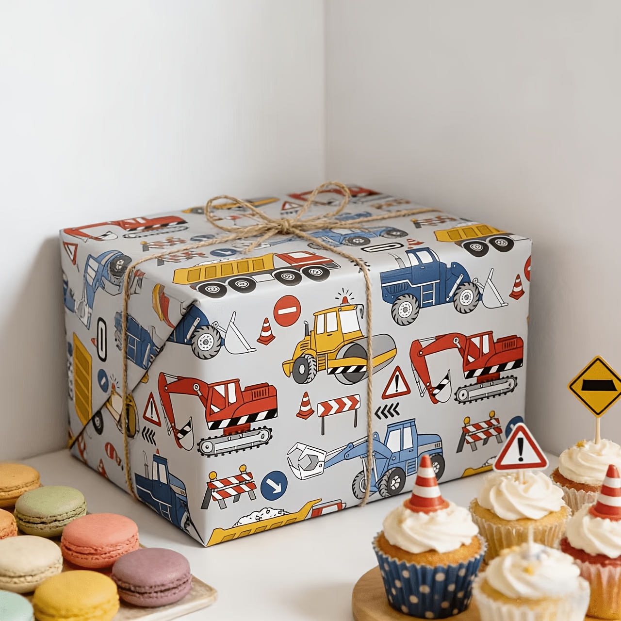 1 Roll 118.11 Inches X 16.93 Inches Engineering Car Packaging Paper, Special For Birthday Gift Boxes, Cartoon Excavator Pattern Gift Wrapping Paper