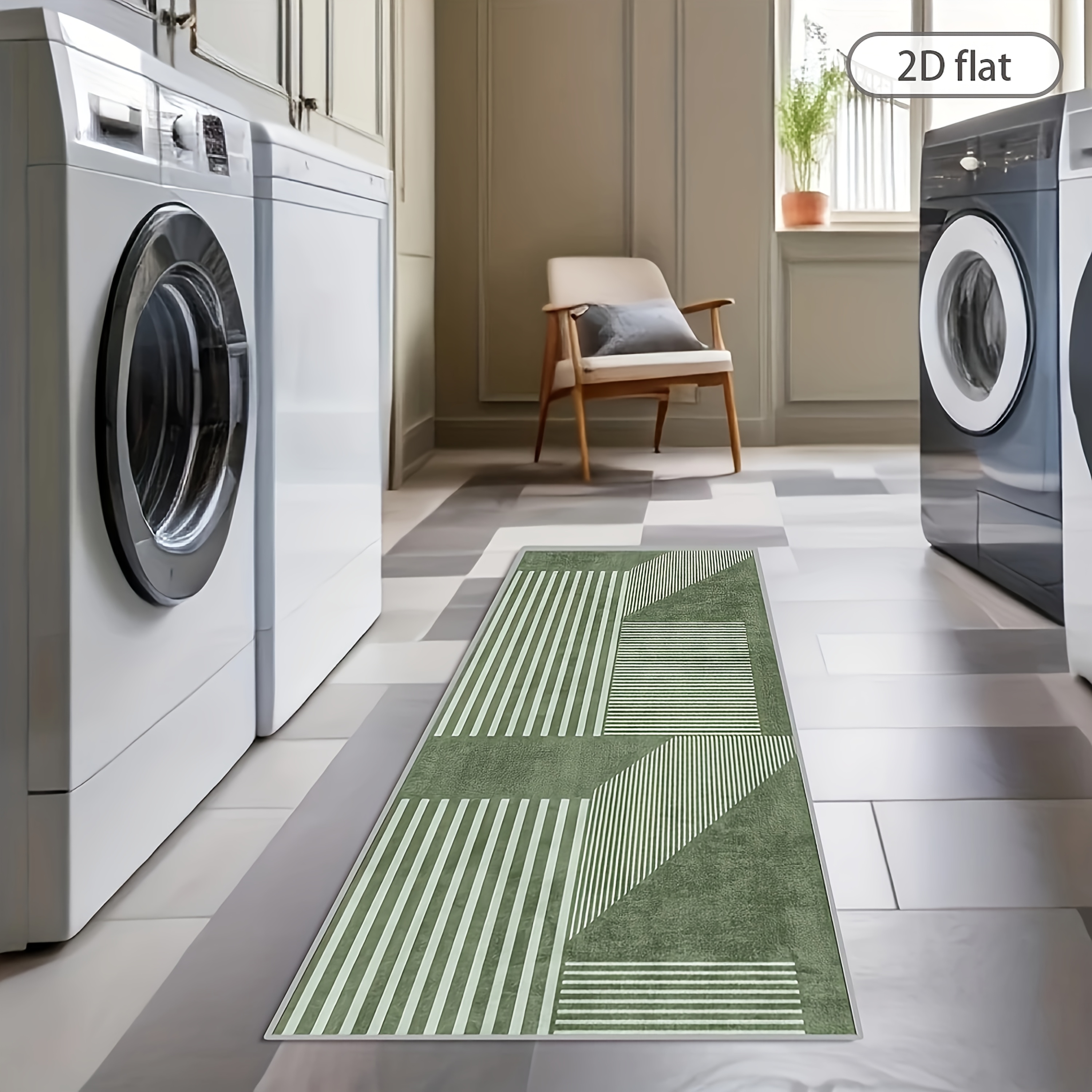 TEMU Tapis de d'hôtel géométrique nordique vert plat 2D 1pc | Tapis de de café , tapis en polyester lavables en machine pour salle de , tapis de