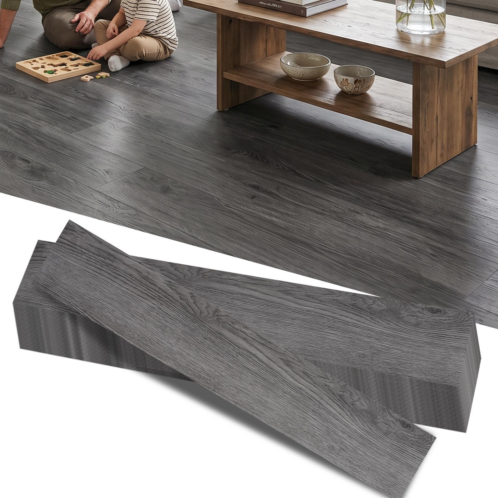 36pcs self   pvc wood flooring planks peel and stick wood grain tiles dark gray 91 4cm x 15 24cm sheets 36 planks installation   and soundproof floor for bathroom kitchen concrete laminate