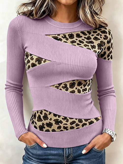 scharfes leopardmuster unregelmäßiges top damen fit gerippt langarm rundhalsausschnitt herbst t-shirt
