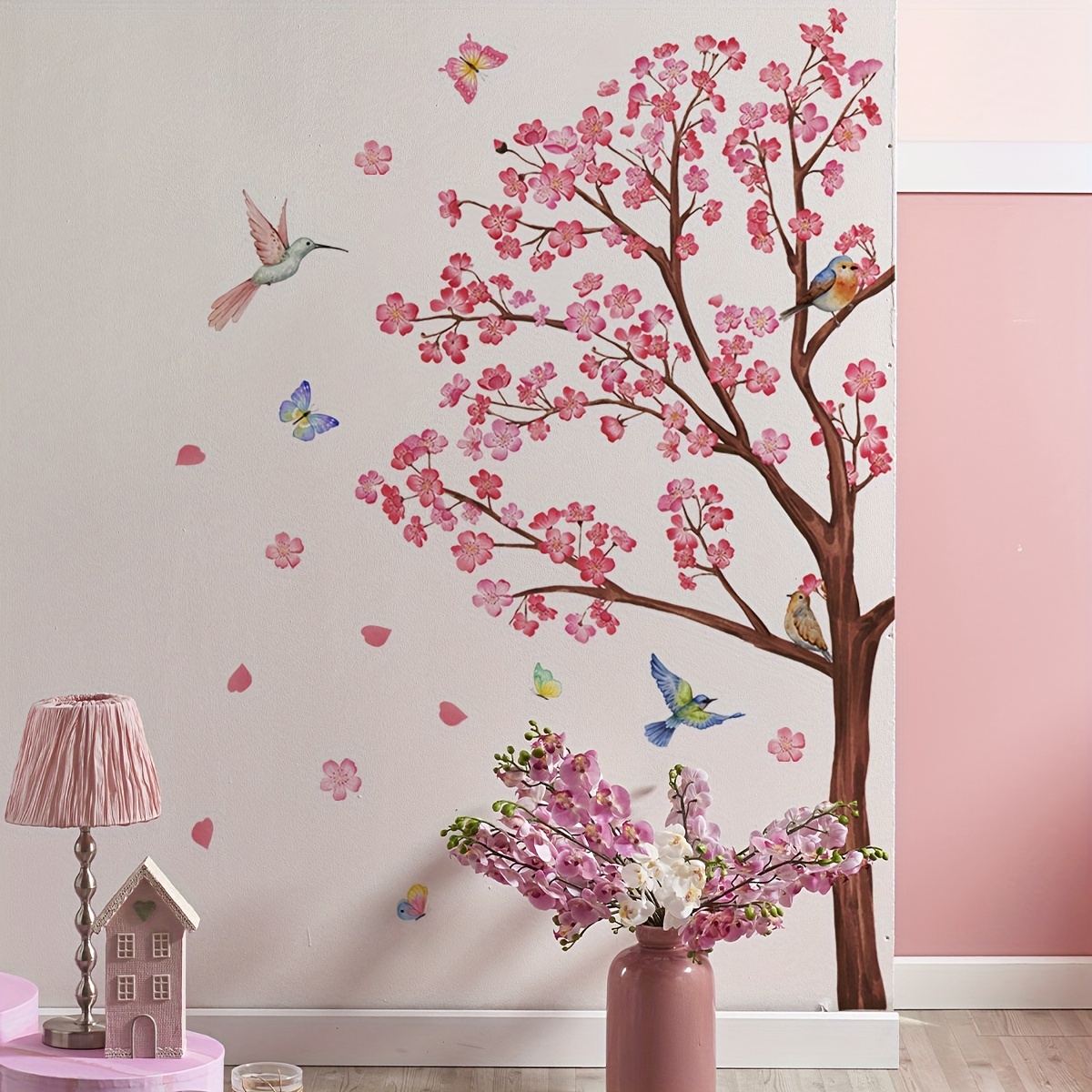 

1pc Pink Floral Bird Butterfly Wall Sticker, Bedroom Living Room Warm Background Decoration Self-adhesive Wall Sticker